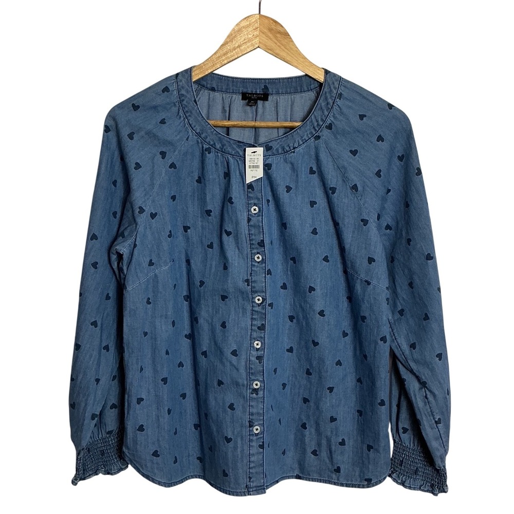 Talbots Medium Petite Blue Denim Ruffle Cuff Spring Hearts Lightweight Top NEW